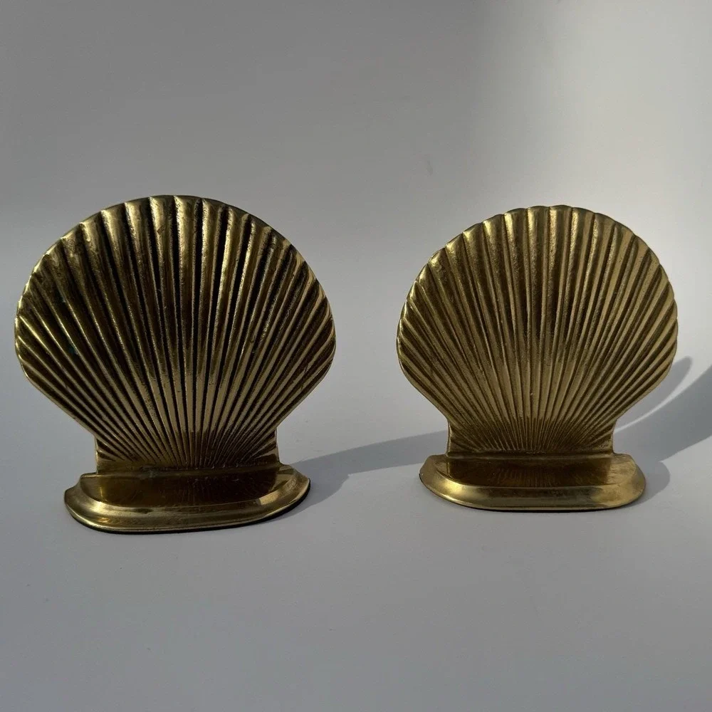 VTG 60s Bookends Brass Seashell Pair Coastal Library Book Lover Beach House